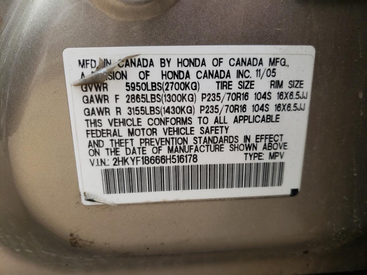 Photo 10 from auction – 2006 HONDA PILOT EX with VIN 2HKYF18666H516178