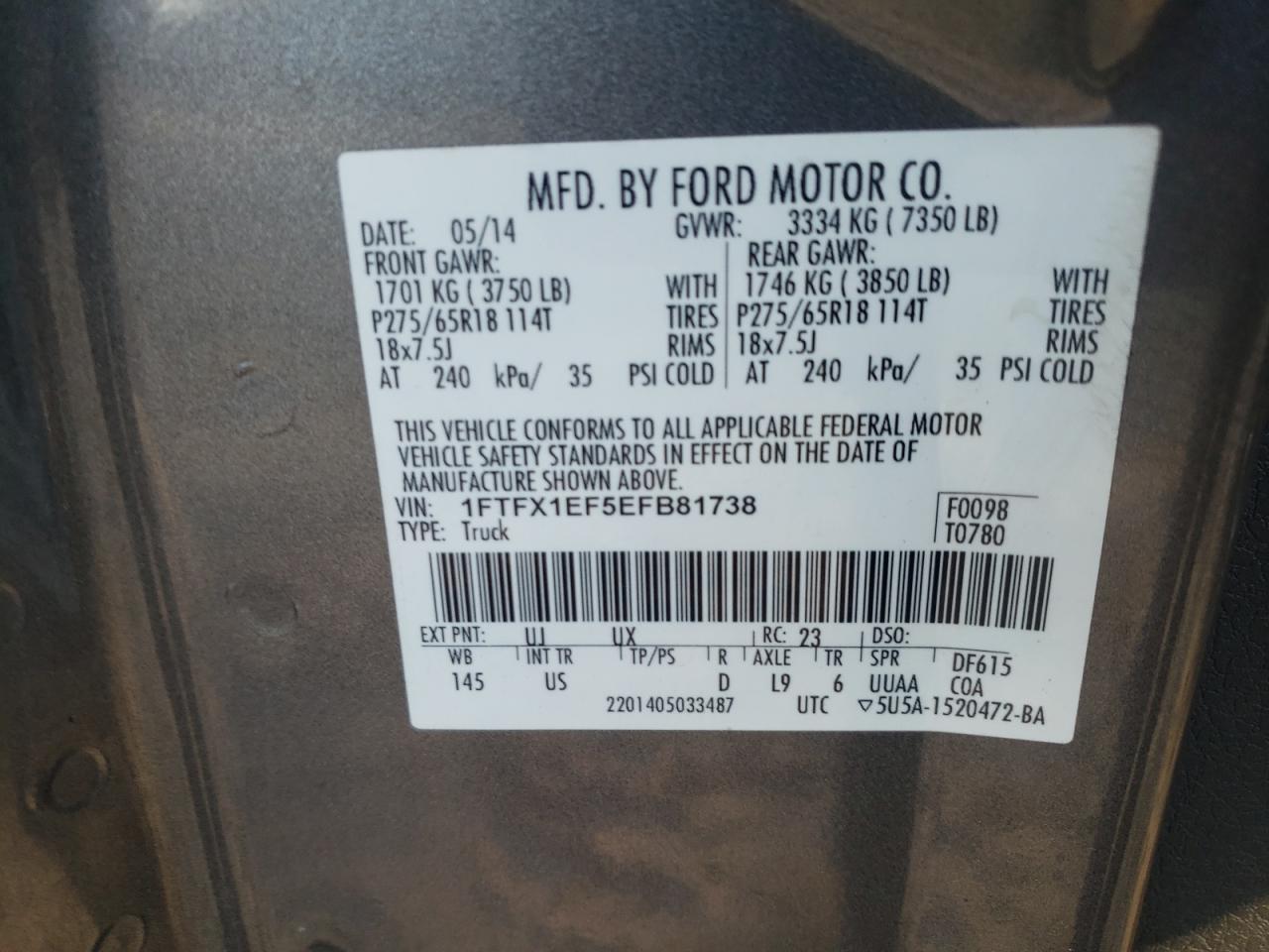 Photo 10 from auction – 2014 FORD F150 SUPER with VIN 1FTFX1EF5EFB81738