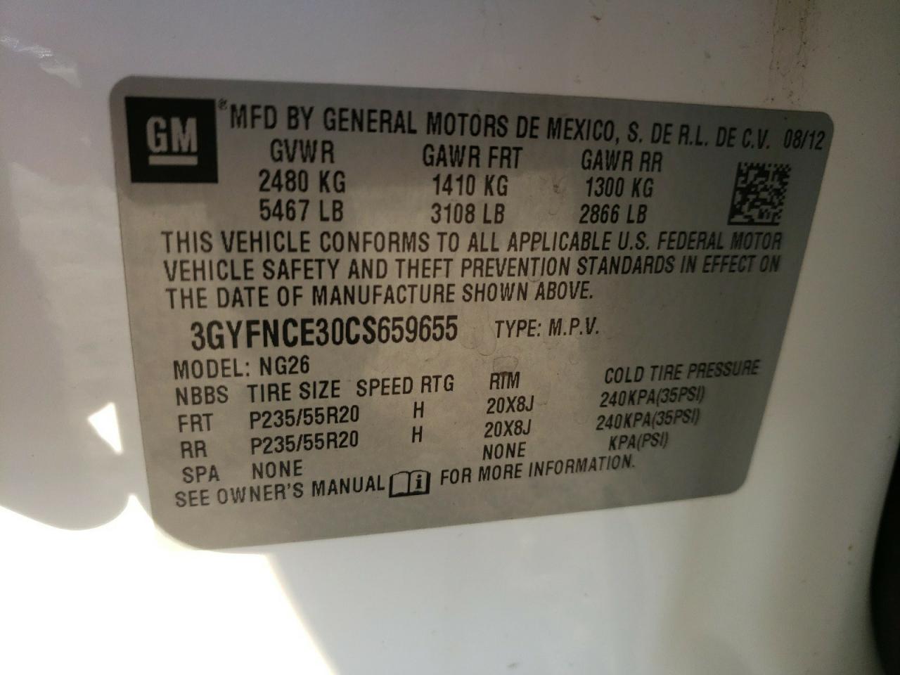 Photo 10 from auction – 2012 CADILLAC SRX PREMIU with VIN 3GYFNCE30CS659655