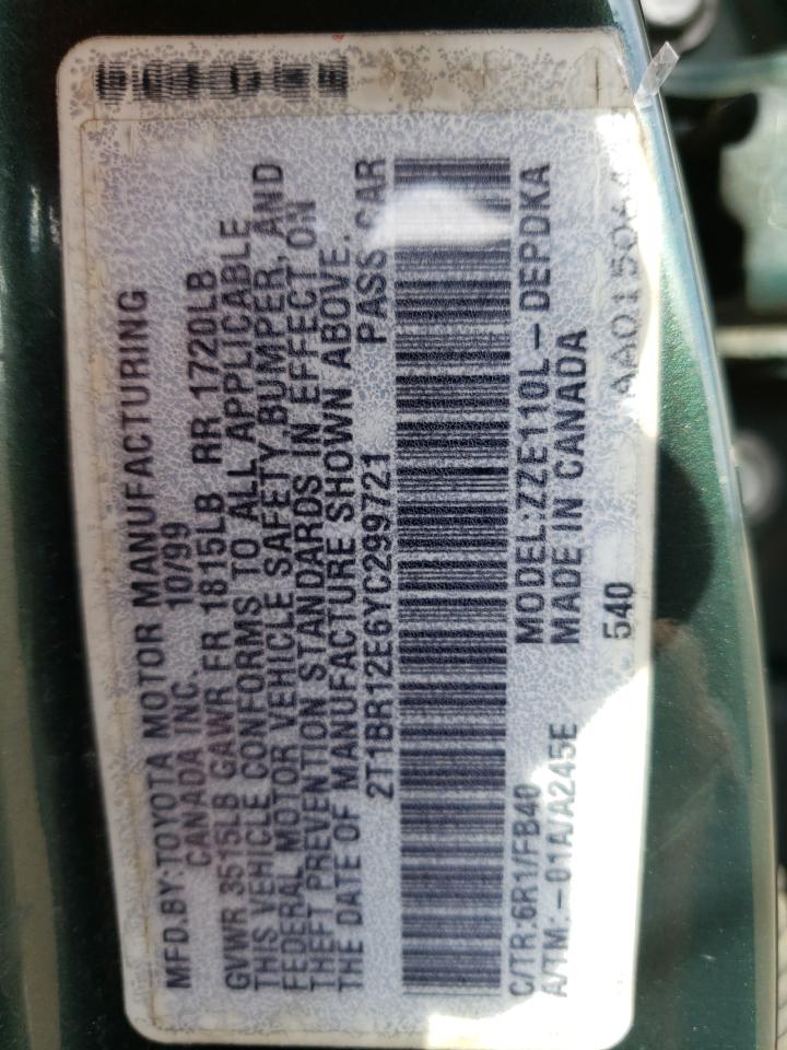 Photo 10 from auction – 2000 TOYOTA COROLLA VE with VIN 2T1BR12E6YC299721