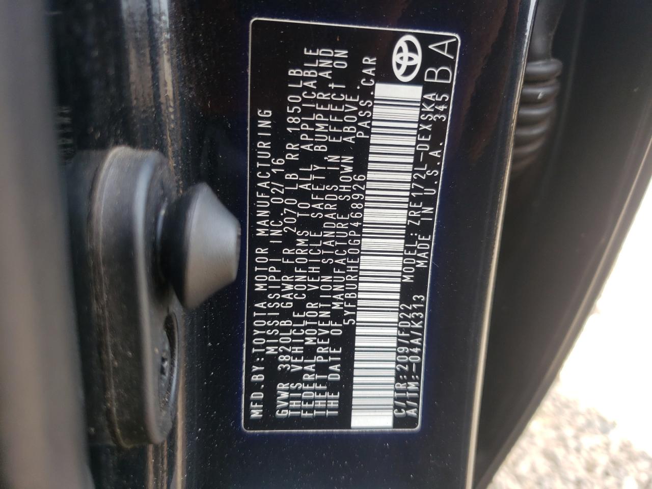 Photo 10 from auction – 2016 TOYOTA COROLLA L with VIN 5YFBURHE0GP468926