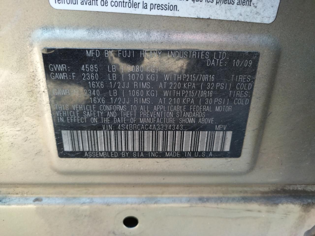 Photo 10 from auction – 2010 SUBARU OUTBACK 2. with VIN 4S4BRCAC4A3334343