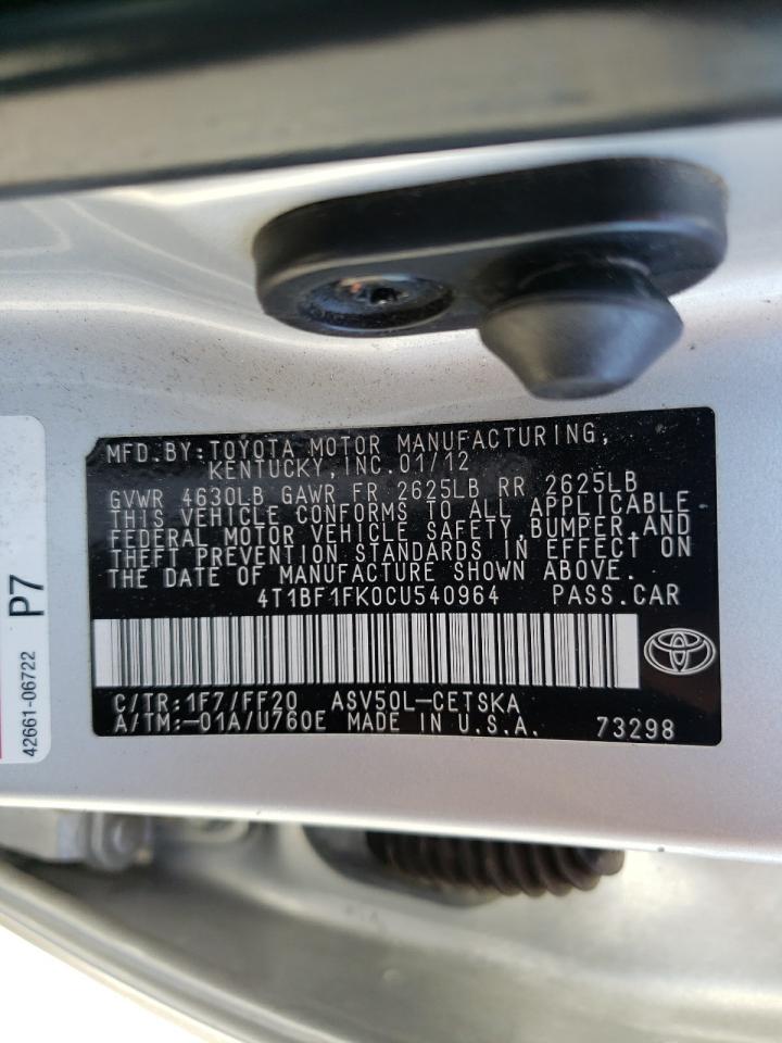 Photo 10 from auction – 2012 TOYOTA CAMRY BASE with VIN 4T1BF1FK0CU540964
