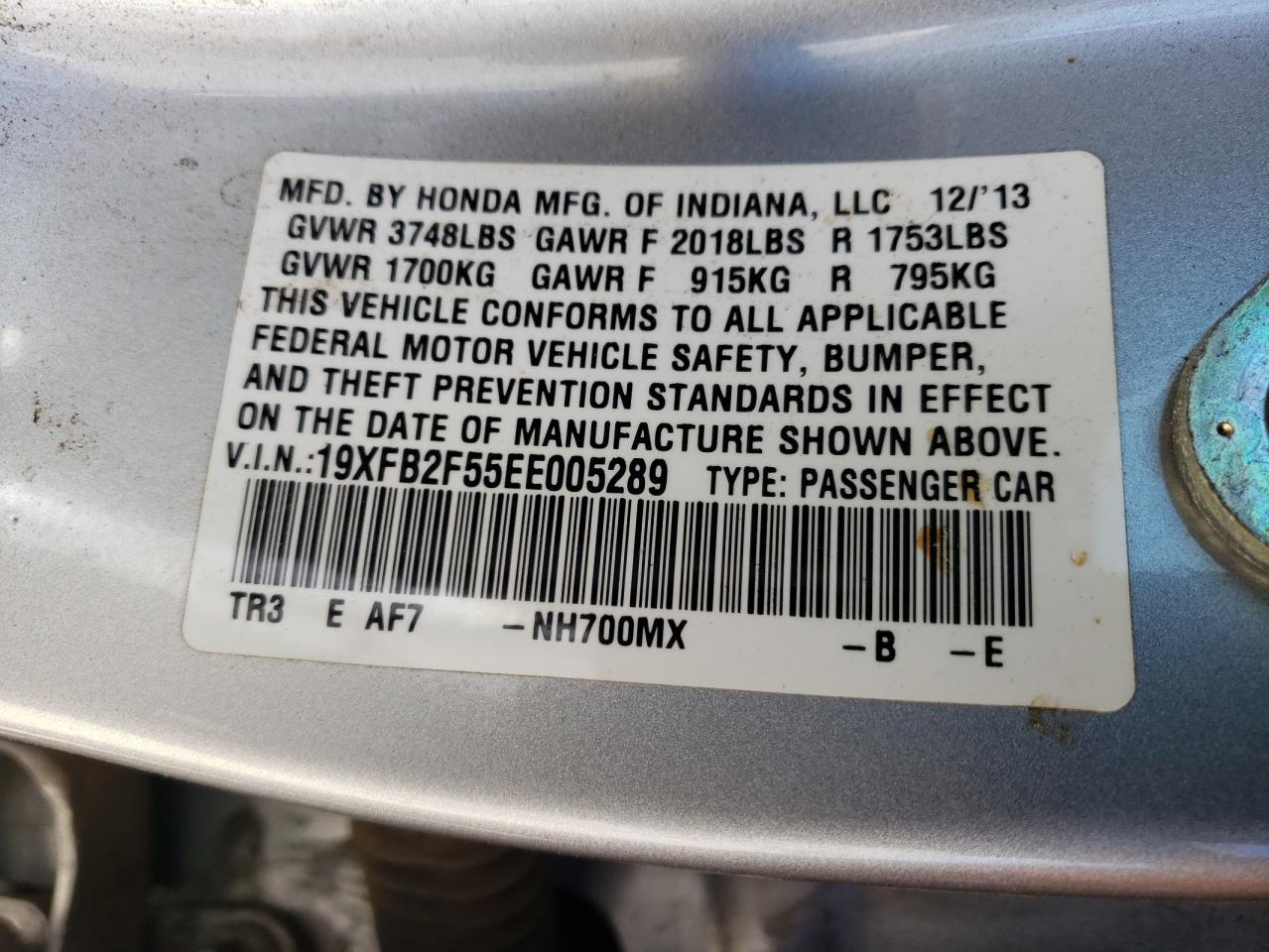 Photo 10 from auction – 2014 HONDA CIVIC LX with VIN 19XFB2F55EE005289