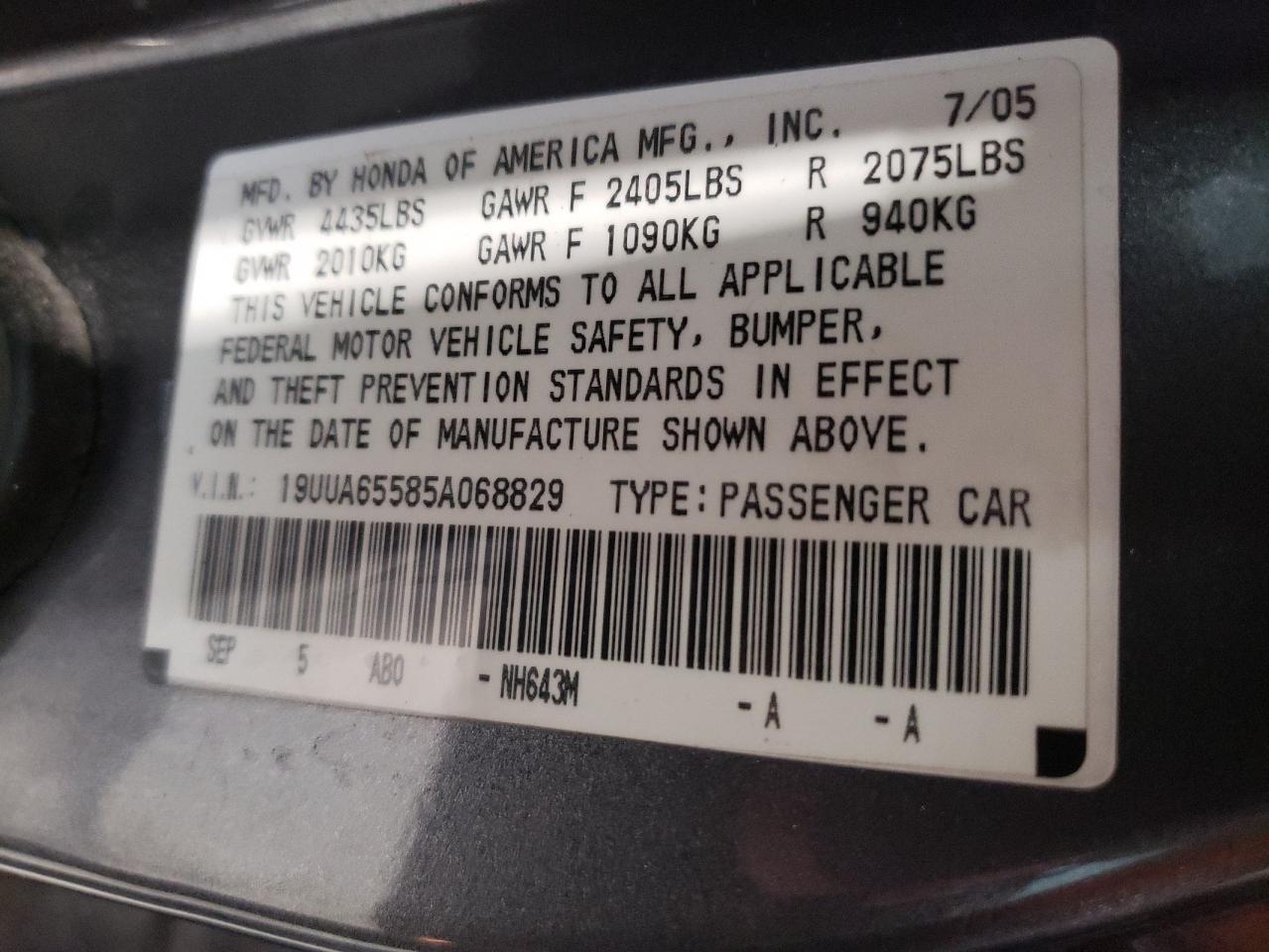 Photo 10 from auction – 2005 ACURA TL with VIN 19UUA65585A068829