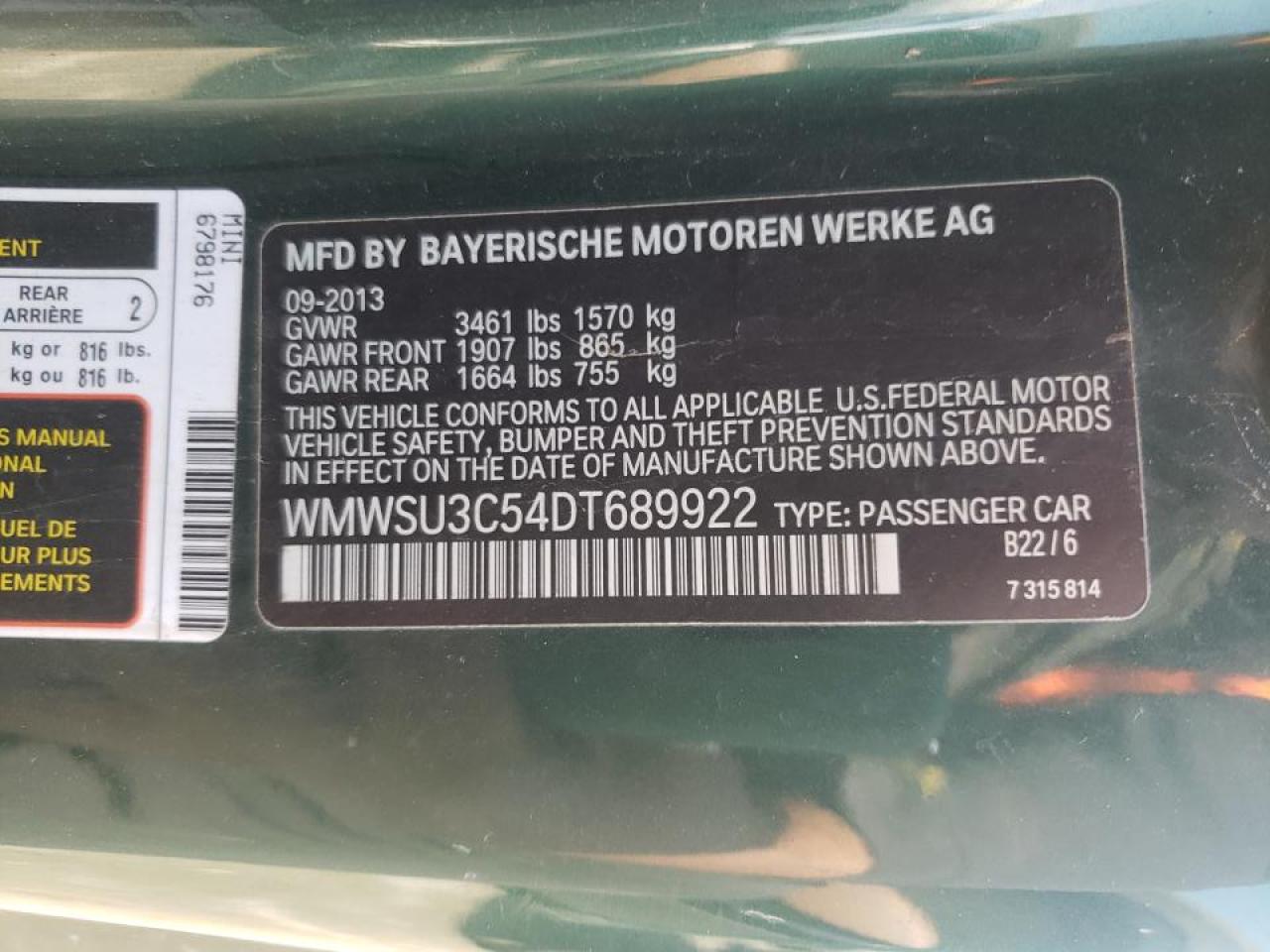 Photo 10 from auction – 2013 MINI COOPER with VIN WMWSU3C54DT689922