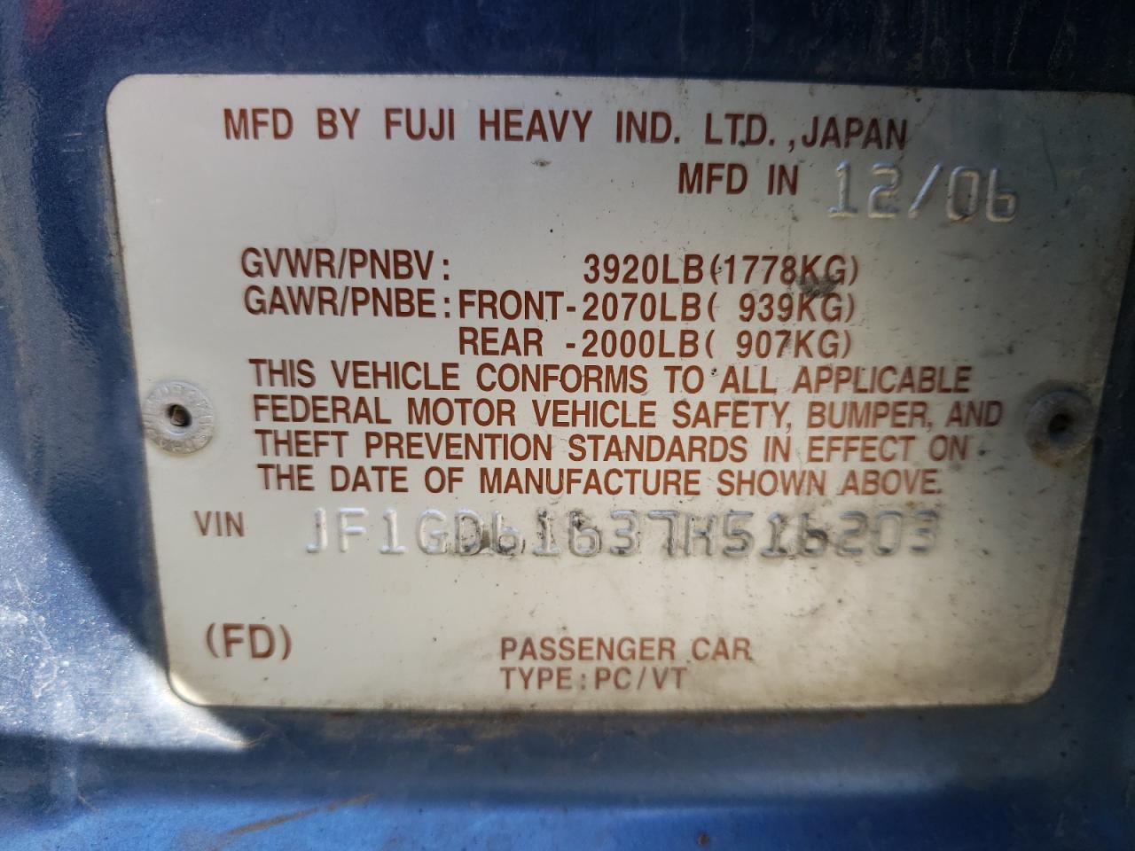 Photo 10 from auction – 2007 SUBARU IMPREZA 2. with VIN JF1GD61637H516203
