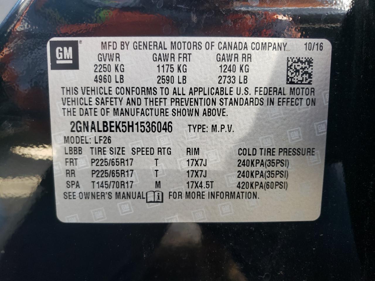 Photo 10 from auction – 2017 CHEVROLET EQUINOX LS with VIN 2GNALBEK5H1536046