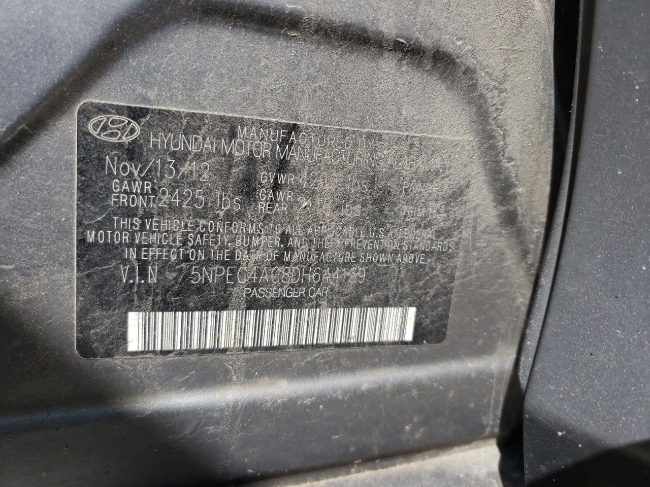 Photo 10 from auction – 2013 HYUNDAI SONATA SE with VIN 5NPEC4AC8DH644139