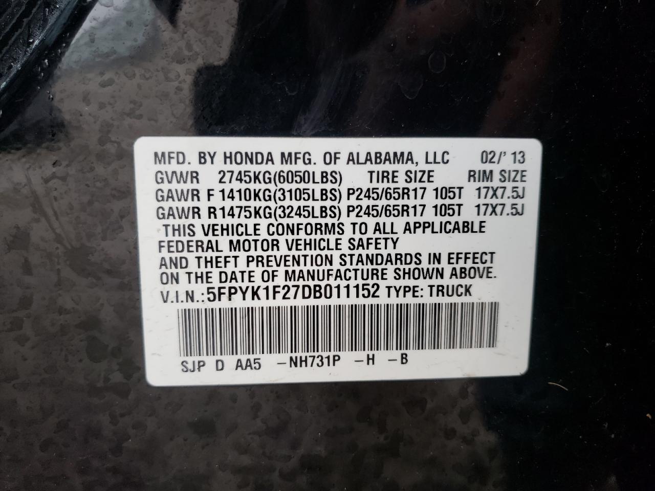 Photo 10 from auction – 2013 HONDA RIDGELINE with VIN 5FPYK1F27DB011152