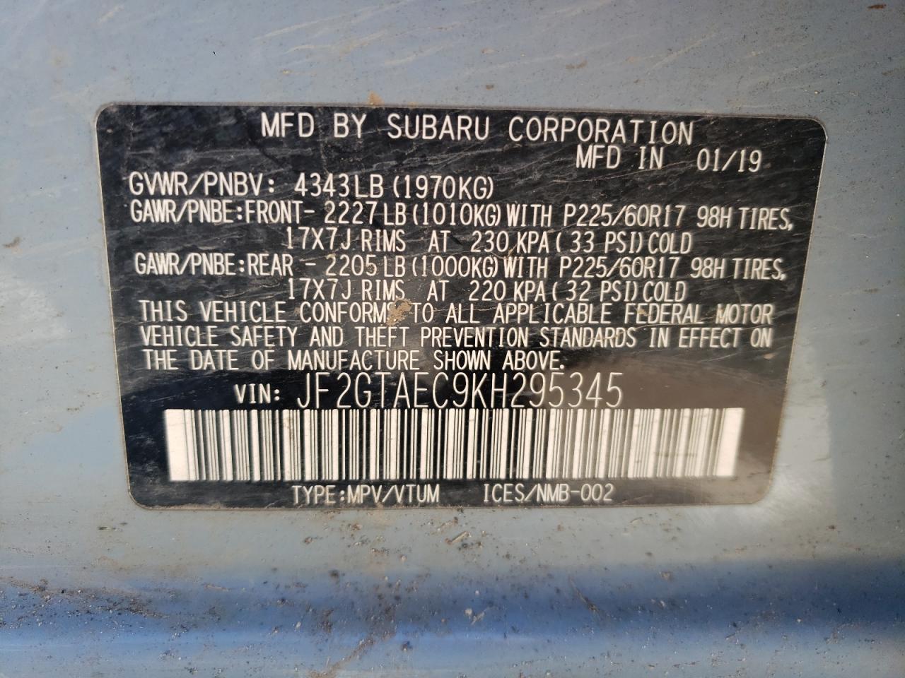 Photo 10 from auction – 2019 SUBARU CROSSTREK with VIN JF2GTAEC9KH295345