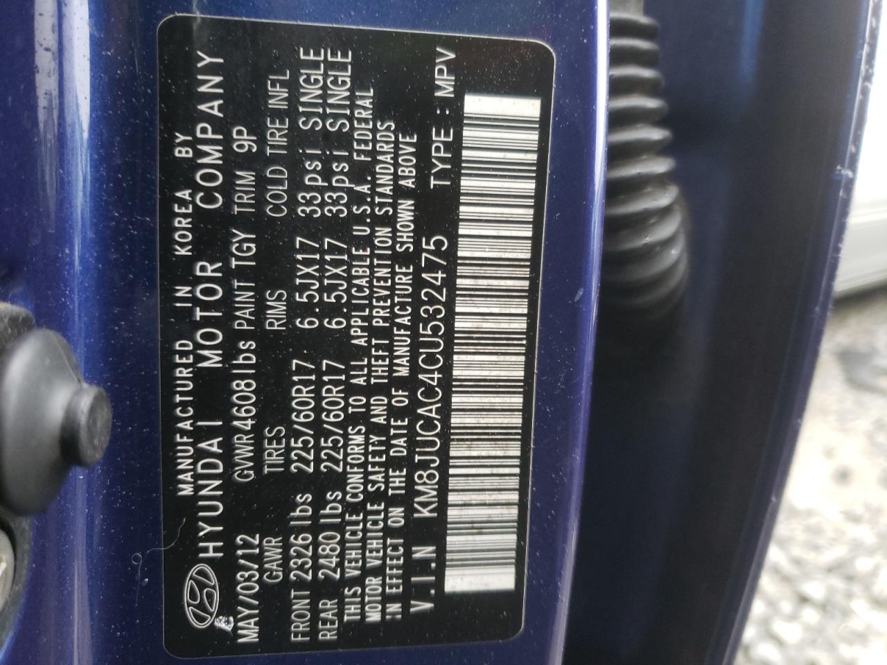 Photo 10 from auction – 2012 HYUNDAI TUCSON GLS with VIN KM8JUCAC4CU532475