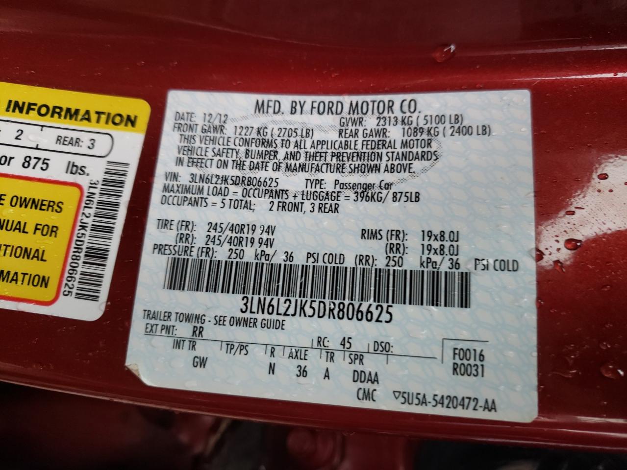 Photo 10 from auction – 2013 LINCOLN MKZ with VIN 3LN6L2JK5DR806625