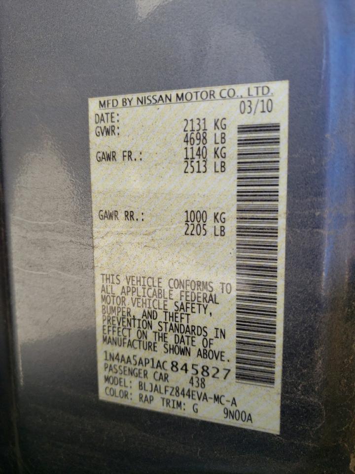 Photo 10 from auction – 2010 NISSAN MAXIMA S with VIN 1N4AA5AP1AC845827