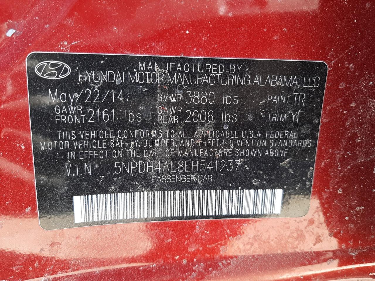 Photo 10 from auction – 2014 HYUNDAI ELANTRA SE with VIN 5NPDH4AE8EH541237