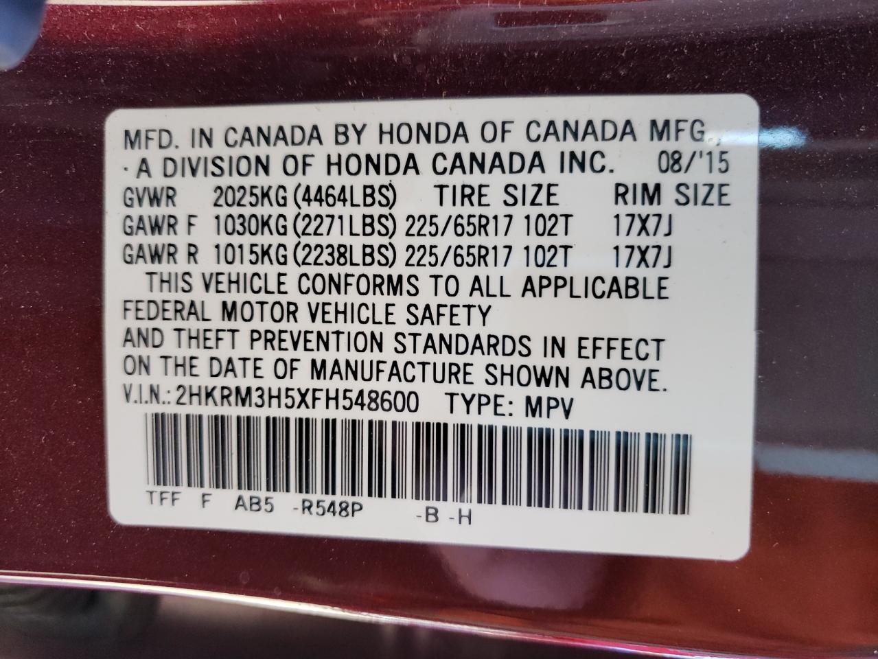Photo 10 from auction – 2015 HONDA CR-V EX with VIN 2HKRM3H5XFH548600