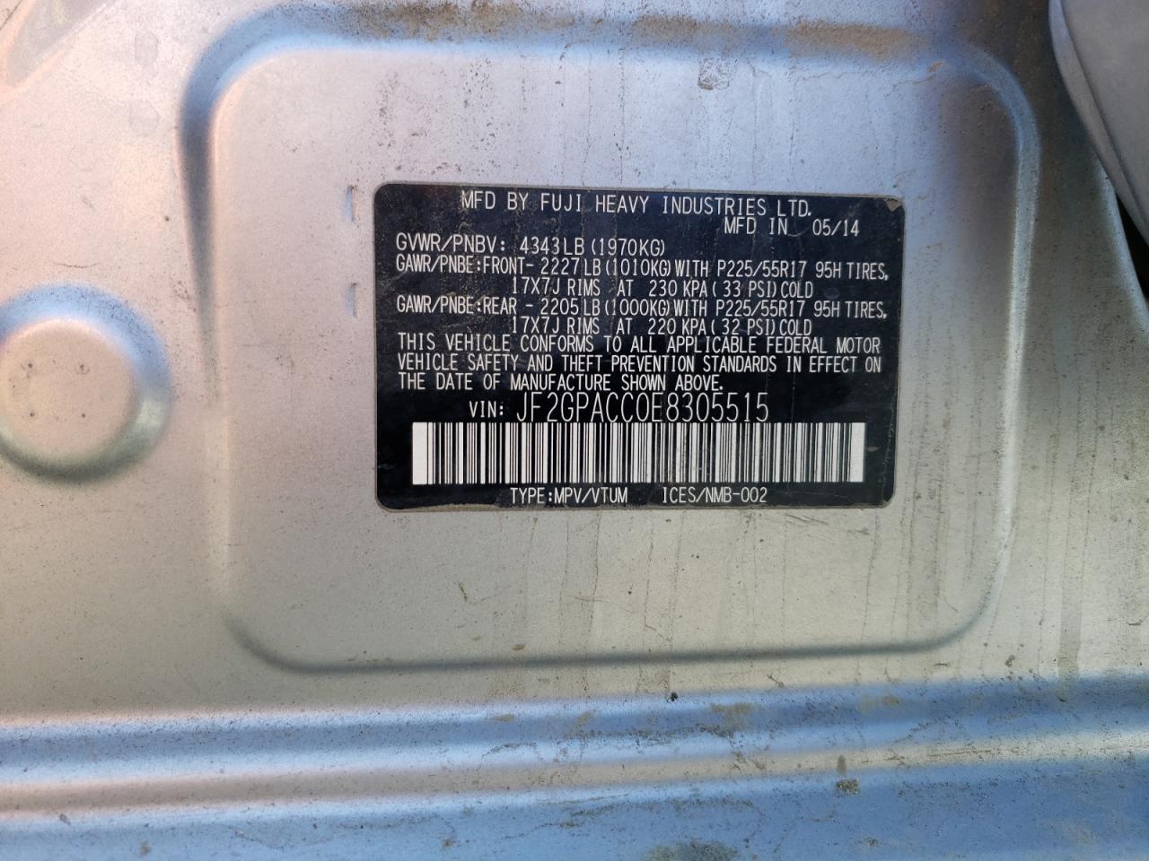Photo 10 from auction – 2014 SUBARU XV CROSSTR with VIN JF2GPACC0E8305515