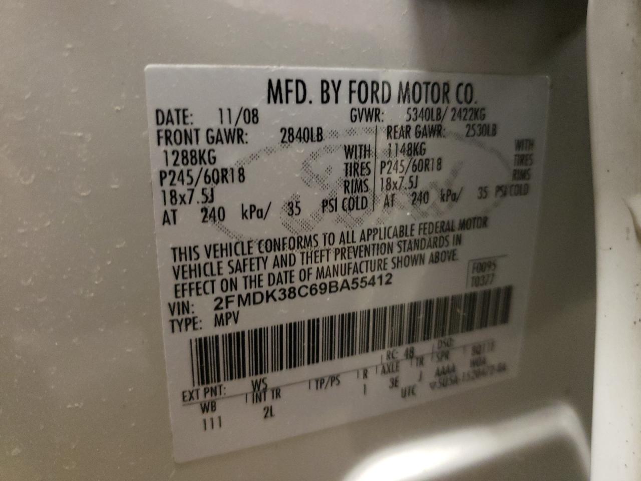 Photo 10 from auction – 2009 FORD EDGE SEL with VIN 2FMDK38C69BA55412
