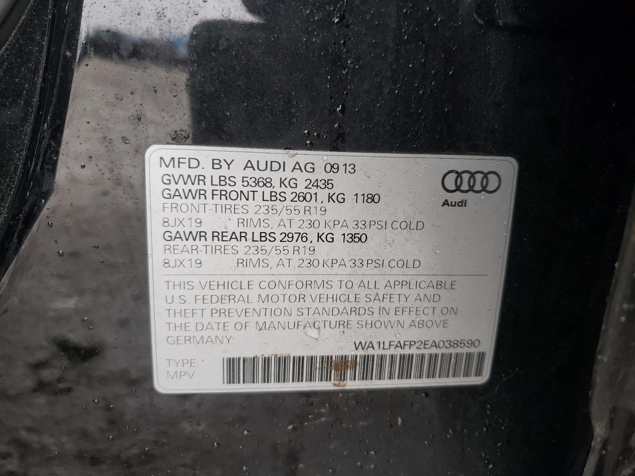 Photo 10 from auction – 2014 AUDI Q5 PREMIUM with VIN WA1LFAFP2EA038590