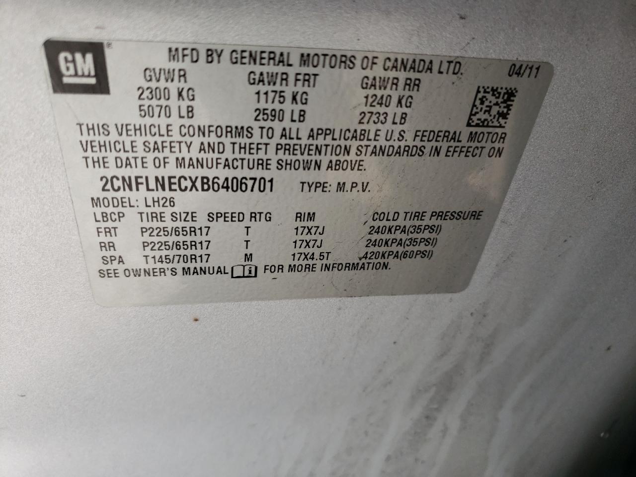 Photo 10 from auction – 2011 CHEVROLET EQUINOX LT with VIN 2CNFLNECXB6406701