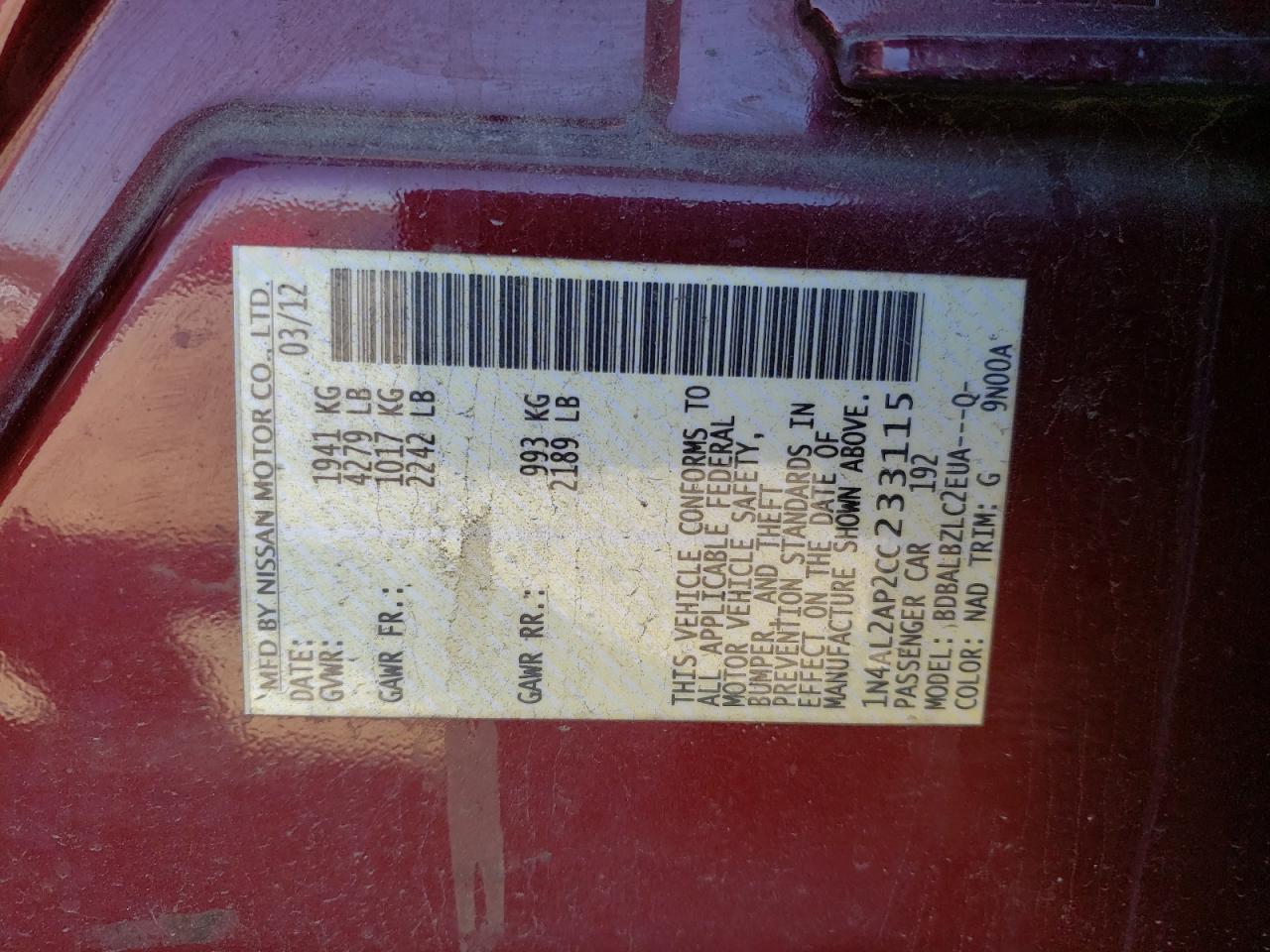 Photo 10 from auction – 2012 NISSAN ALTIMA BAS with VIN 1N4AL2AP2CC233115