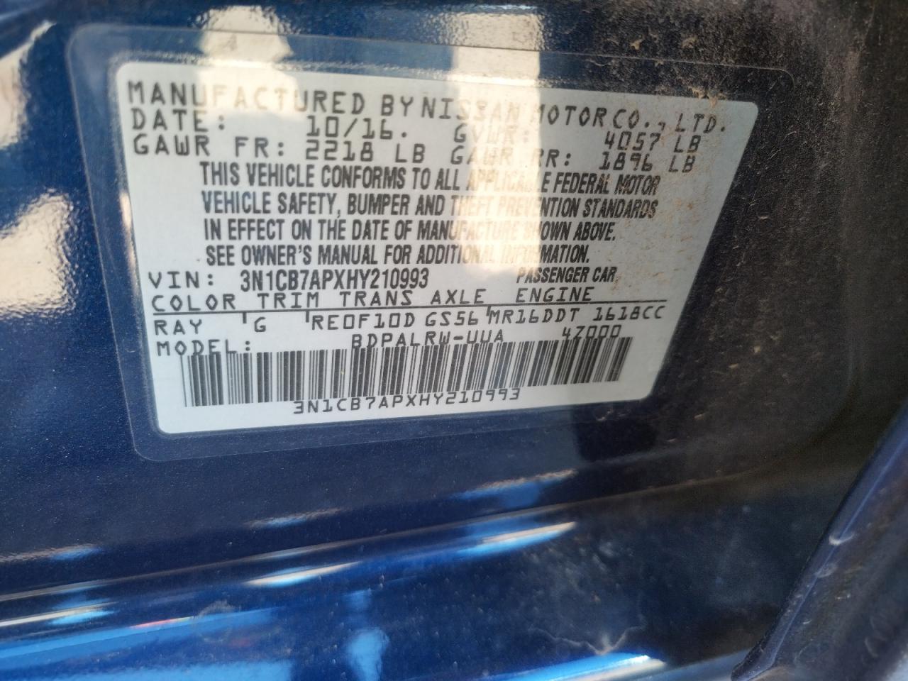 Photo 10 from auction – 2017 NISSAN SENTRA SR with VIN 3N1CB7APXHY210993