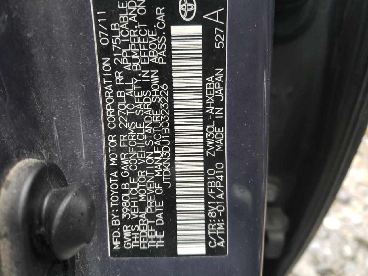 Photo 10 from auction – 2011 TOYOTA PRIUS with VIN JTDKN3DU1B0323226