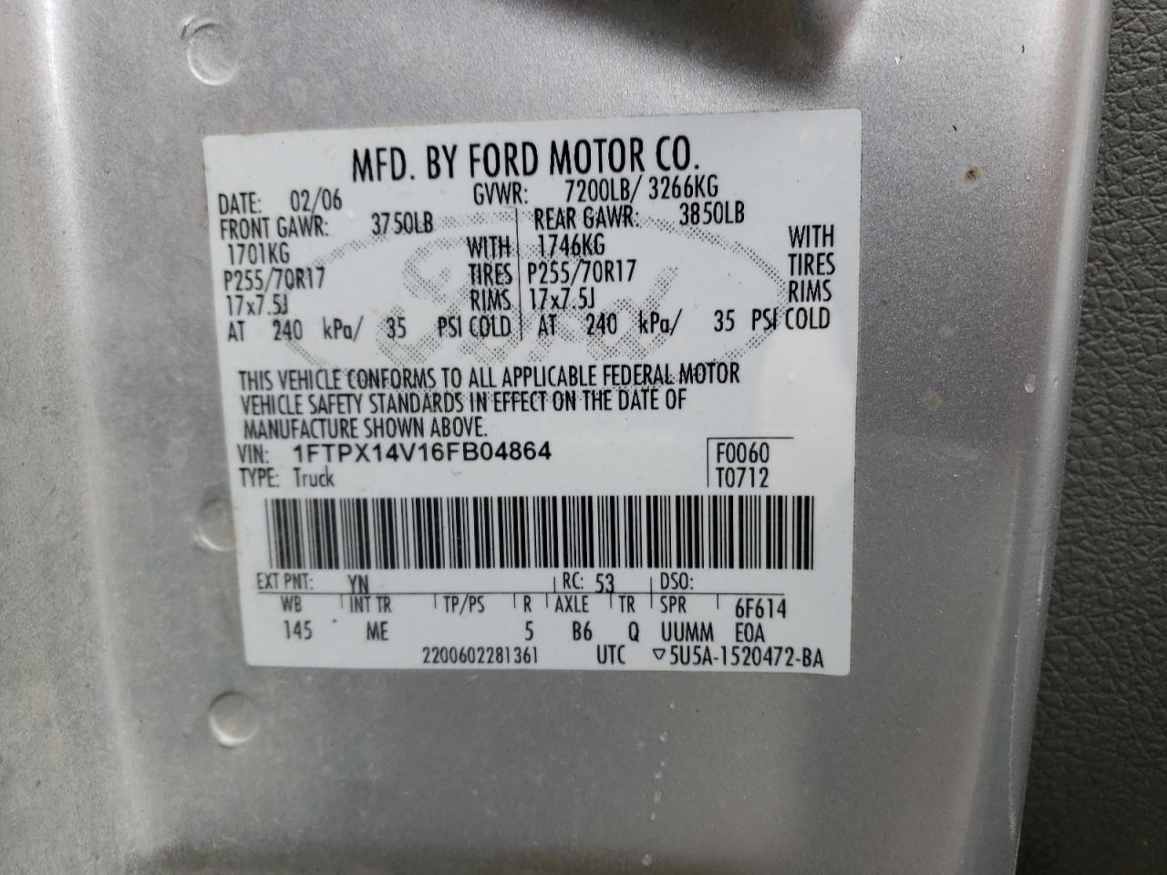 Photo 10 from auction – 2006 FORD F150 with VIN 1FTPX14V16FB04864