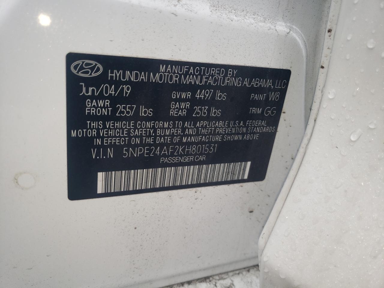 Photo 10 from auction – 2019 HYUNDAI SONATA SE with VIN 5NPE24AF2KH801531