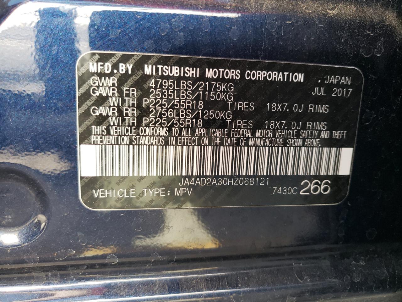 Zdjęcie 10 z aukcji – 2017 MITSUBISHI OUTLANDER z VIN JA4AD2A30HZ068121