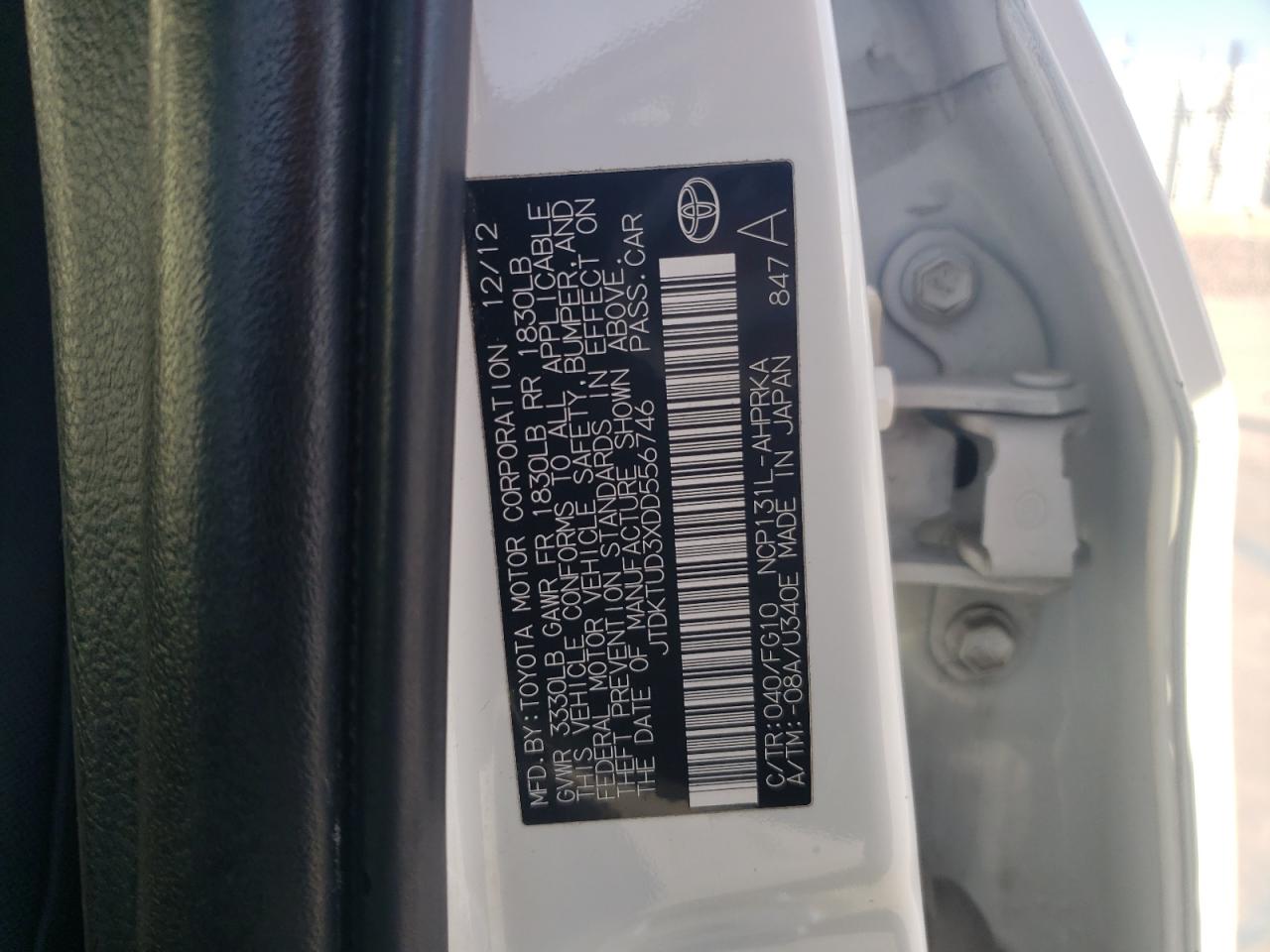 Photo 10 from auction – 2013 TOYOTA YARIS with VIN JTDKTUD3XDD556746
