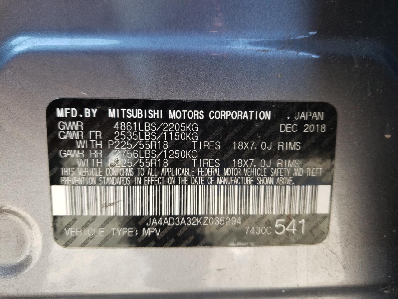 Photo 10 from auction – 2019 MITSUBISHI OUTLANDER with VIN JA4AD3A32KZ035294