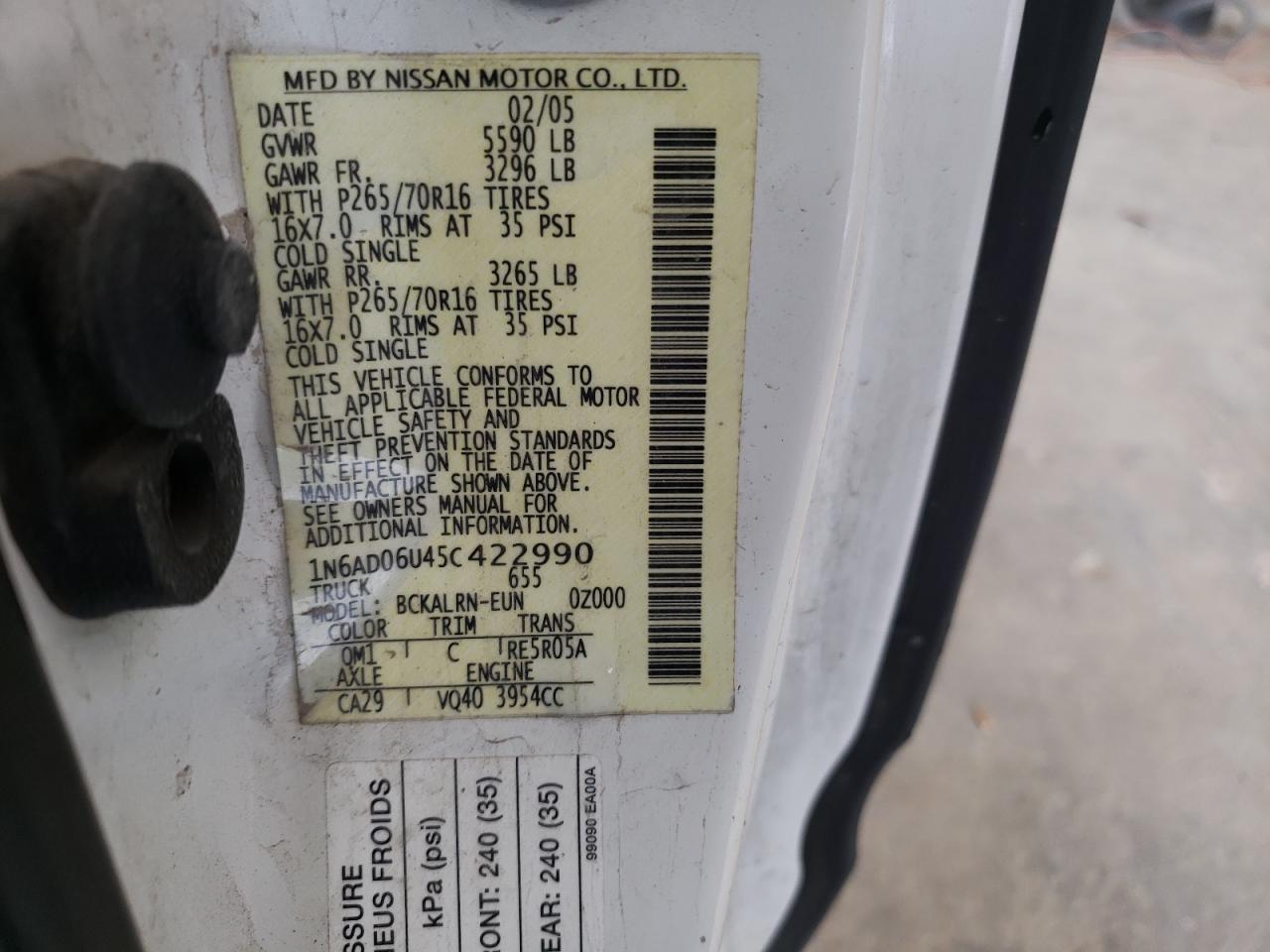 Photo 10 from auction – 2005 NISSAN FRONTIER K with VIN 1N6AD06U45C422990