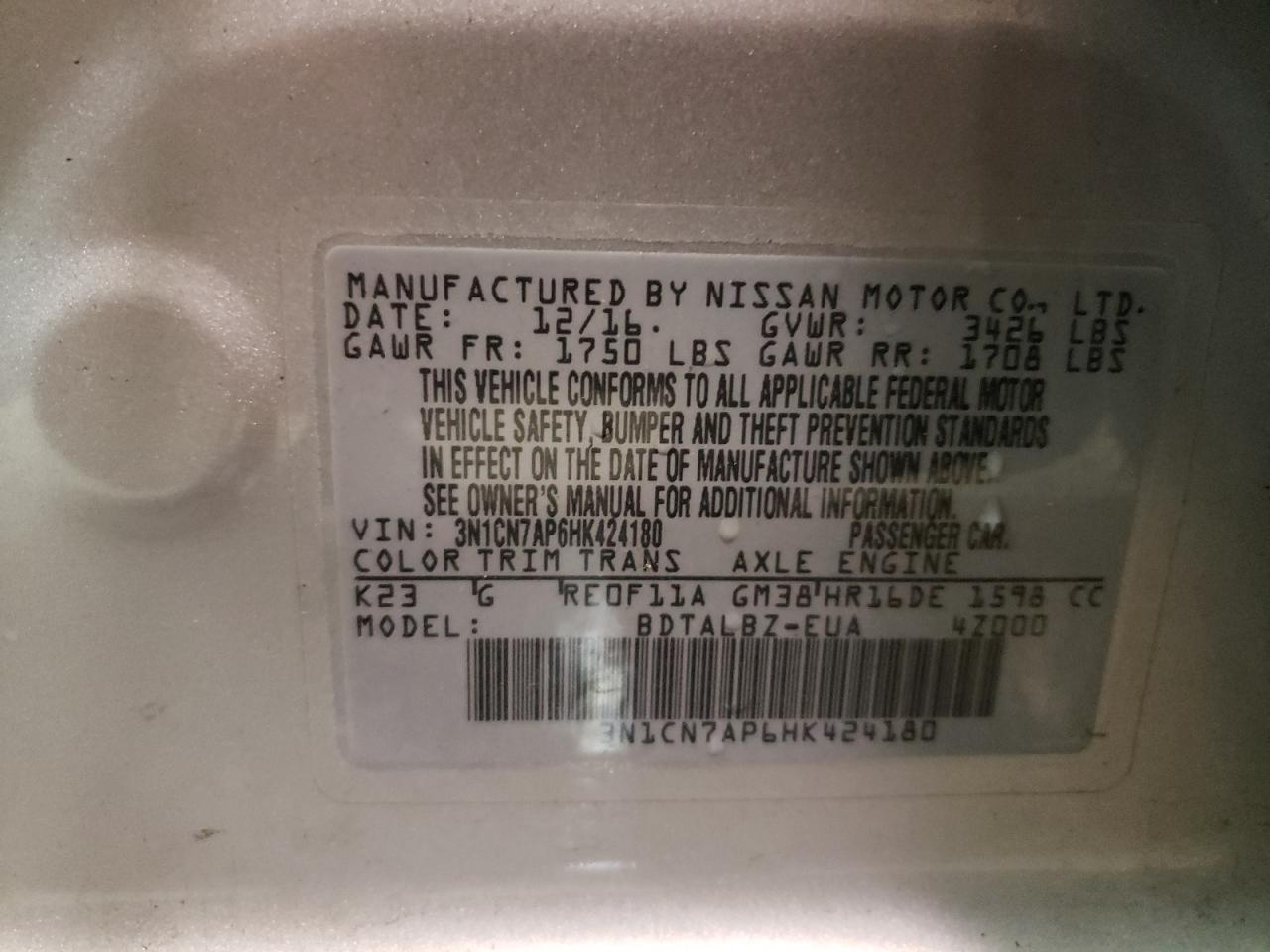 Photo 10 from auction – 2017 NISSAN VERSA S with VIN 3N1CN7AP6HK424180