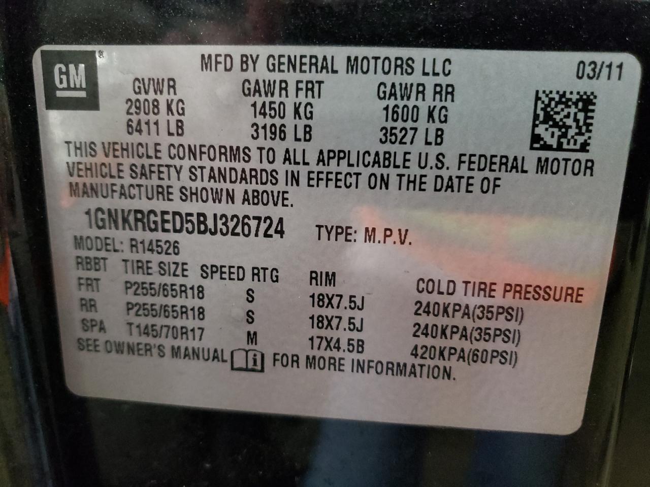 Photo 10 from auction – 2011 CHEVROLET TRAVERSE L with VIN 1GNKRGED5BJ326724