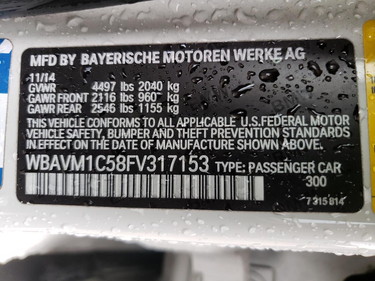 Photo 10 from auction – 2015 BMW X1 SDRIVE2 with VIN WBAVM1C58FV317153