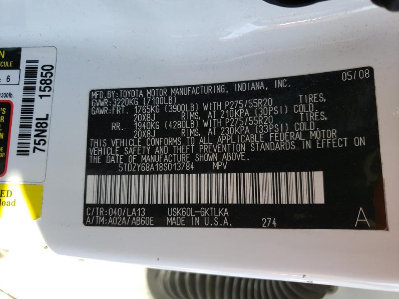 Photo 10 from auction – 2008 TOYOTA SEQUOIA LI with VIN 5TDZY68A18S013784