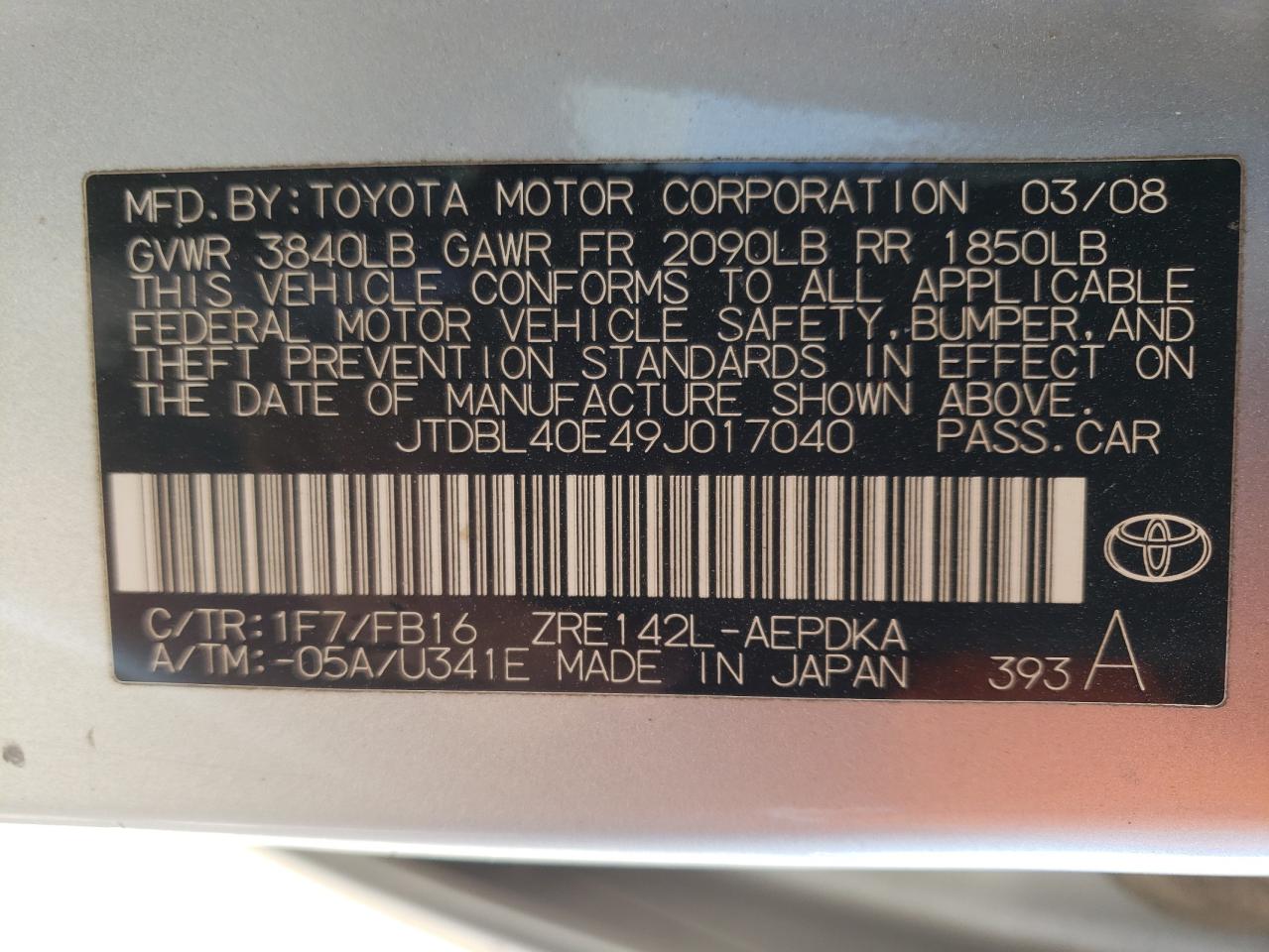 Photo 10 from auction – 2009 TOYOTA COROLLA BA with VIN JTDBL40E49J017040