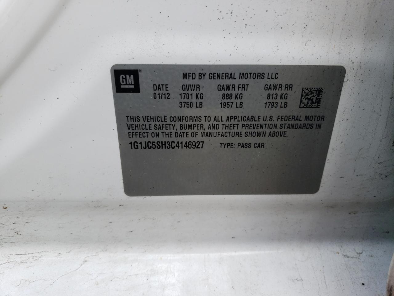 Photo 10 from auction – 2012 CHEVROLET SONIC LT with VIN 1G1JC5SH3C4146927