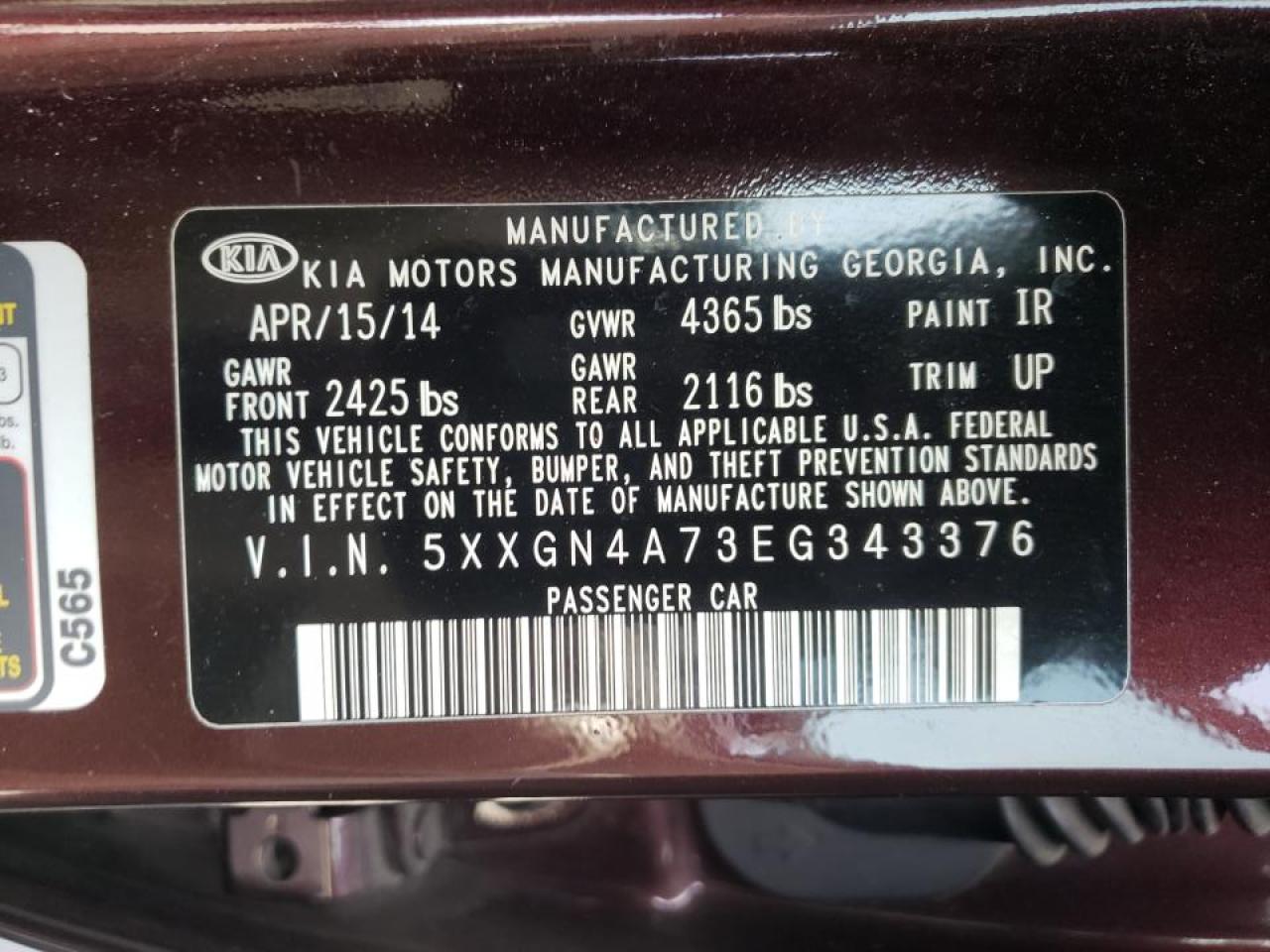 Photo 10 from auction – 2014 KIA OPTIMA EX with VIN 5XXGN4A73EG343376