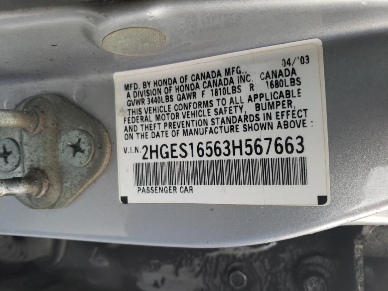 Photo 10 from auction – 2003 HONDA CIVIC LX with VIN 2HGES16563H567663