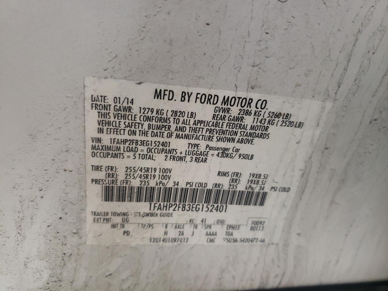 Photo 10 from auction – 2014 FORD TAURUS LIM with VIN 1FAHP2F83EG152401