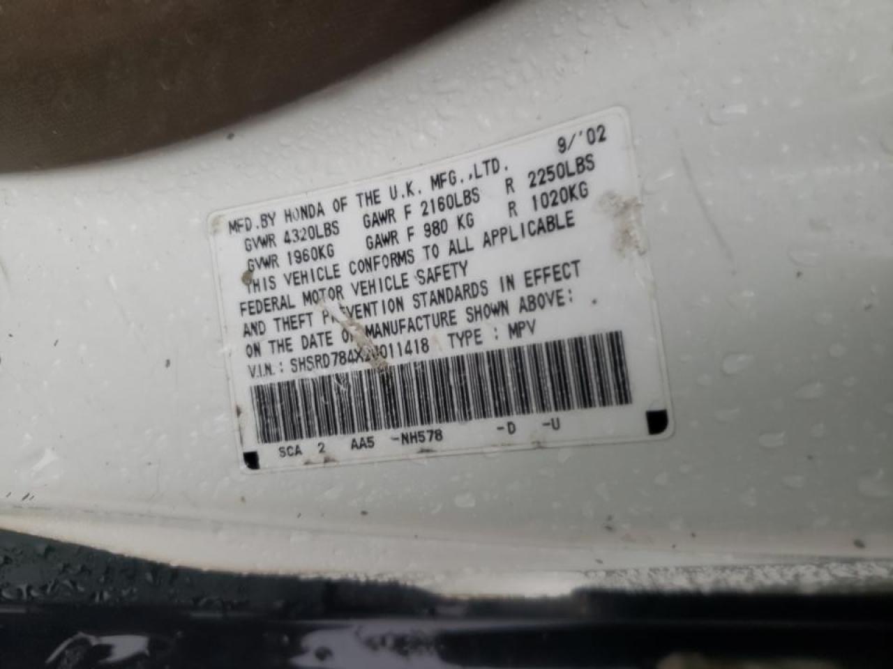 Photo 10 from auction – 2002 HONDA CR-V LX with VIN SHSRD784X2U011418