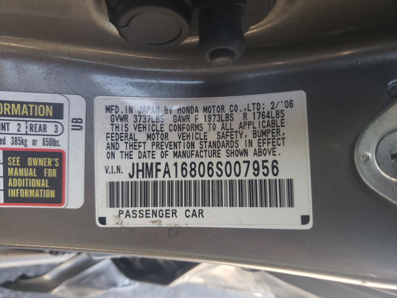 Photo 10 from auction – 2006 HONDA CIVIC with VIN JHMFA16806S007956