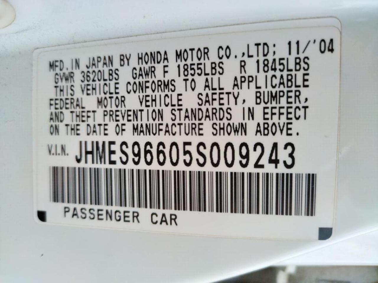 Photo 10 from auction – 2005 HONDA CIVIC HYBR with VIN JHMES96605S009243