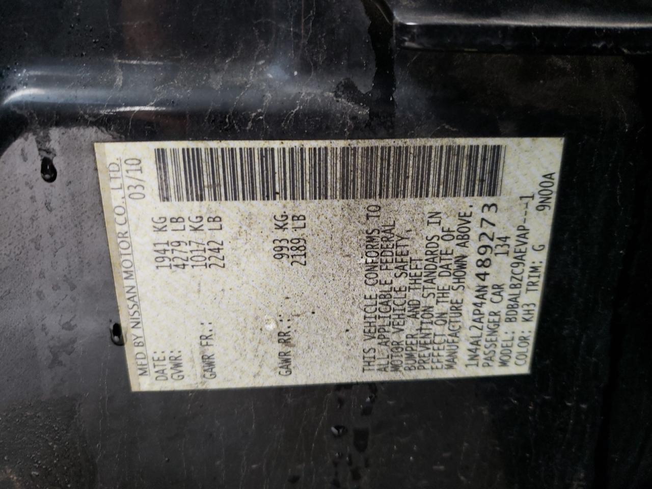 Photo 10 from auction – 2010 NISSAN ALTIMA BAS with VIN 1N4AL2AP4AN489273