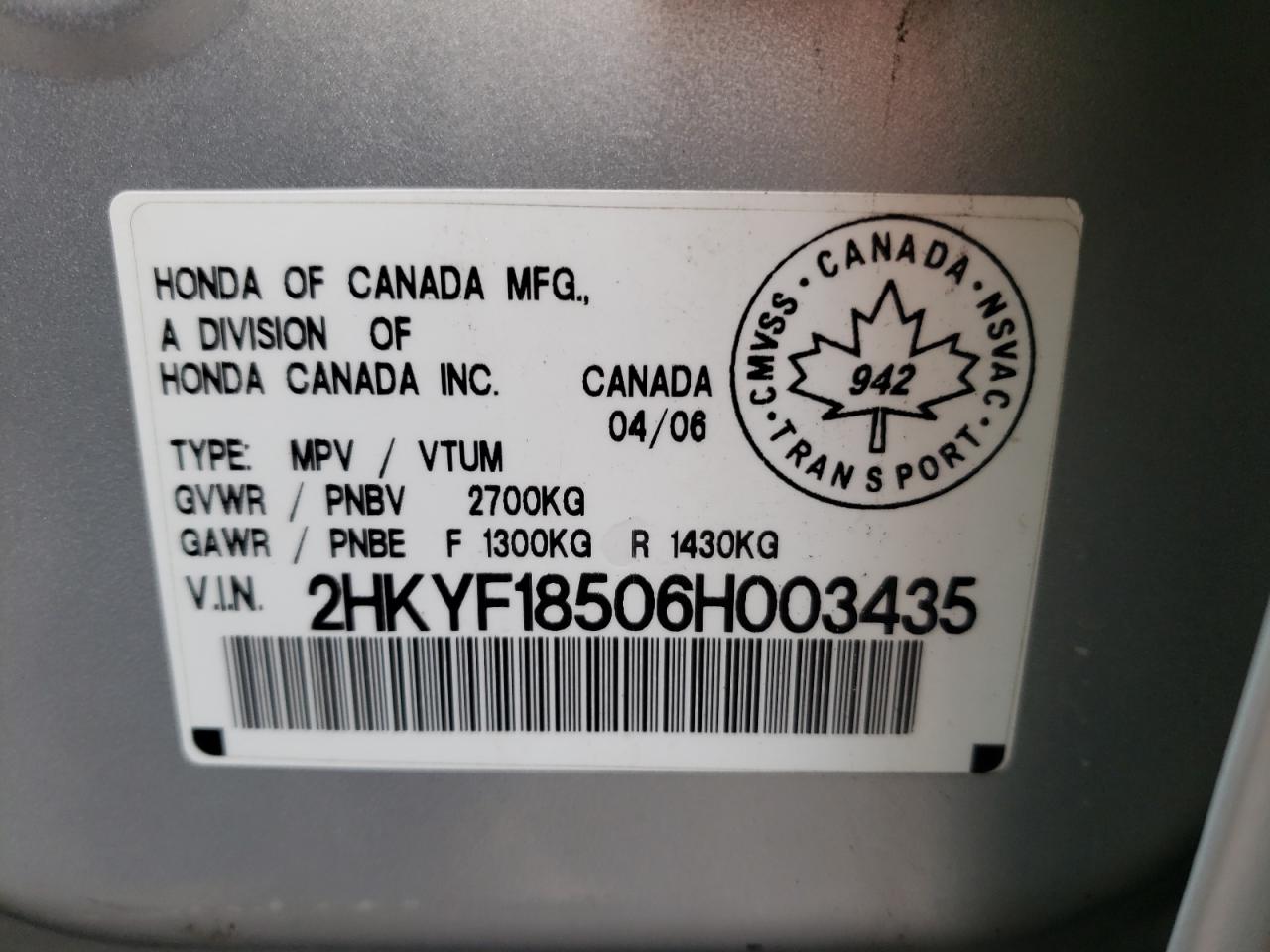 Photo 10 from auction – 2006 HONDA PILOT EX with VIN 2HKYF18506H003435