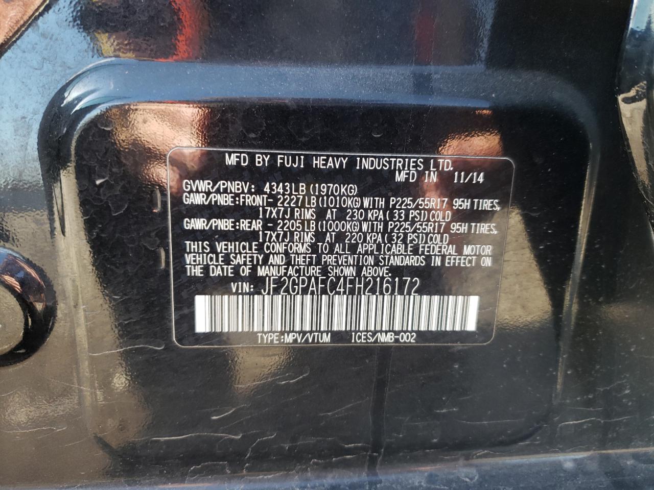 Photo 10 from auction – 2015 SUBARU XV CROSSTR with VIN JF2GPAFC4FH216172