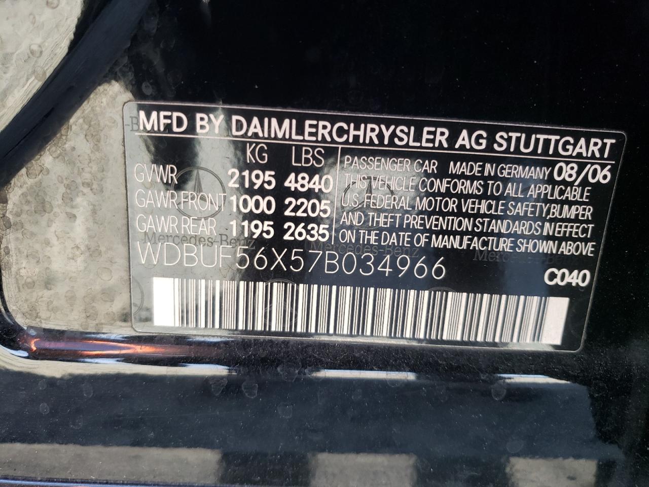 Photo 10 from auction – 2007 MERCEDES-BENZ E 350 with VIN WDBUF56X57B034966