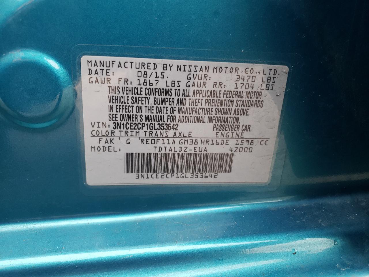 Photo 10 from auction – 2016 NISSAN VERSA NOTE with VIN 3N1CE2CP1GL353642